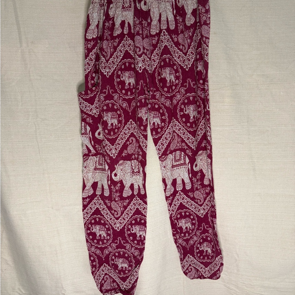 EARTHBOUND Burgundy and Beige Elephant Pattern Pants